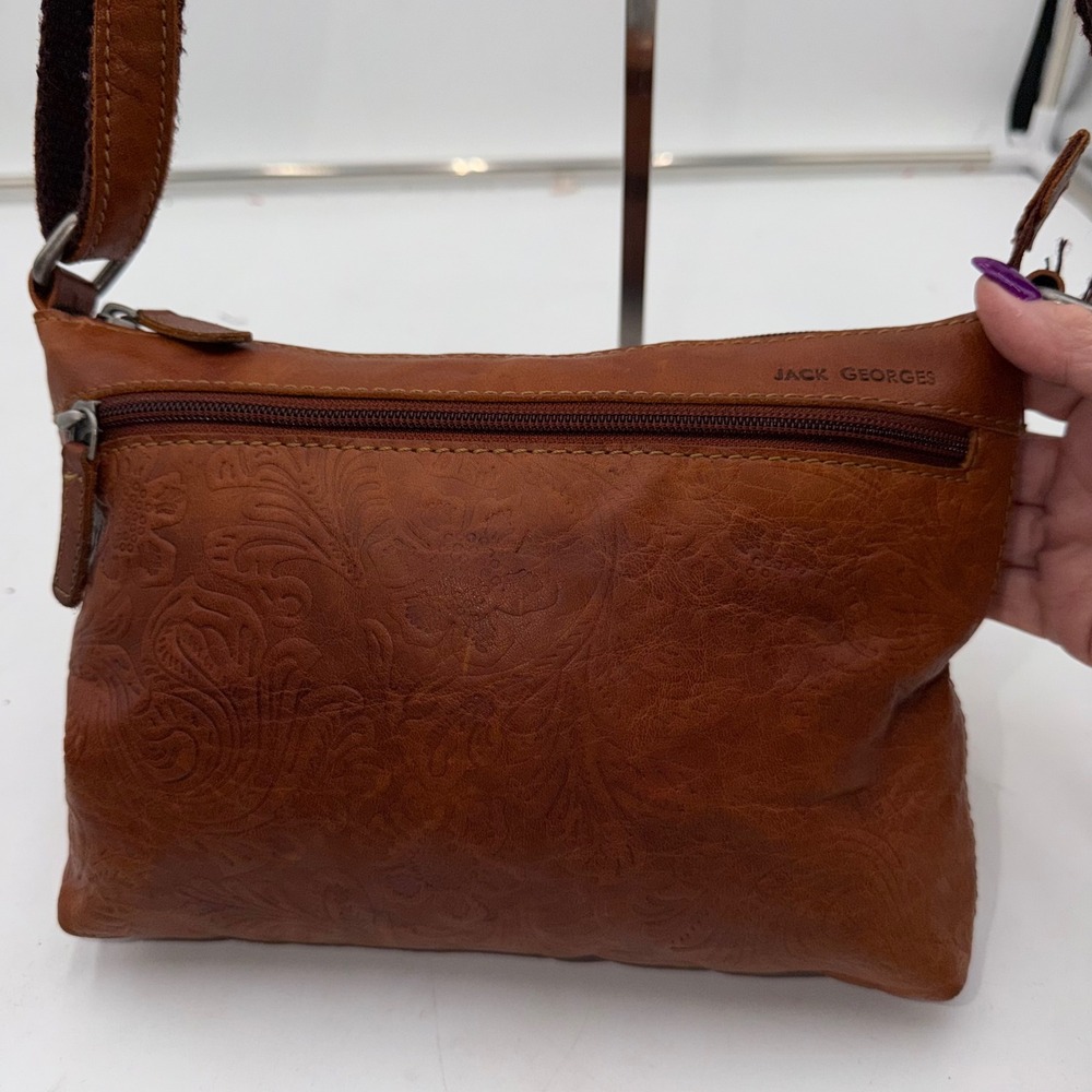 Jack Georges Vintage Cognac Leather Embossed Floral Paisley Crossbody Bag Brown - Picture 6 of 13